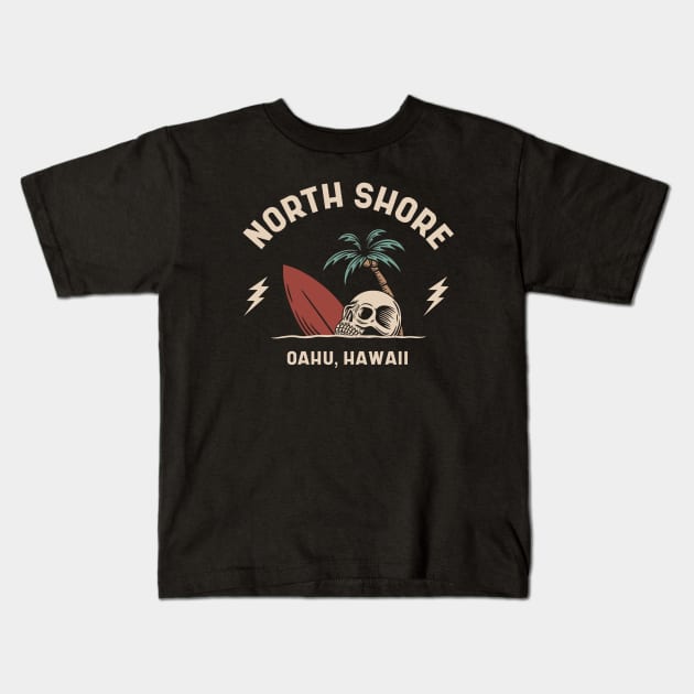 Vintage Surfing North Shore Oahu Hawaii // Retro Surf Skull Kids T-Shirt by Now Boarding